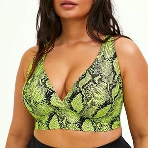 TORRID NEON YELLOW SNAKESKIN PRINT WIRELESS CROSS BACK BIKINI TOP